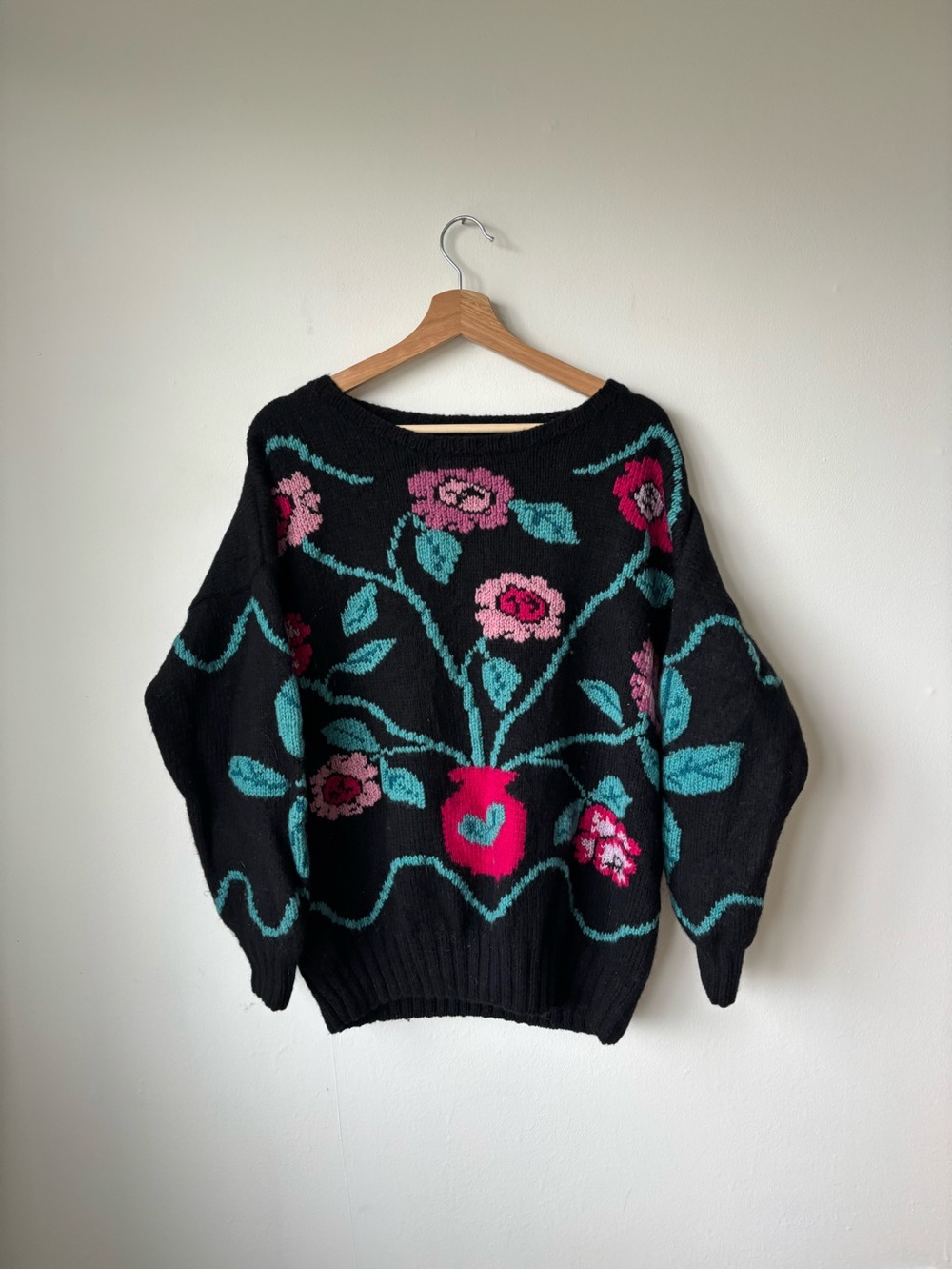 Black Floral Knit Sweater with Pink & Teal Accents